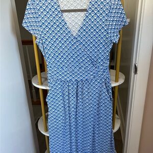 Boden White and Blue Geometric Midi Dress